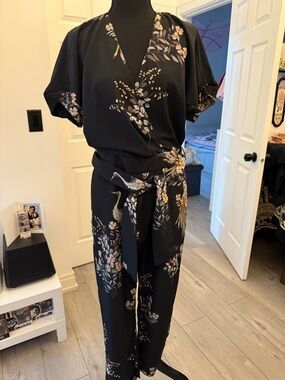 Zara Black Floral Crane Wrap-Style Jumpsuit